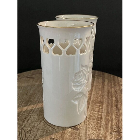 Lenox Special Collection Rose Floral Pierced Hearts 6" Vase Gold Trim Lot of 2 - Picture 6 of 9